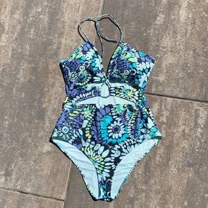 aerie Woman’s Swim Floral One-Piece Swimsuit - Blue and Green padded bra